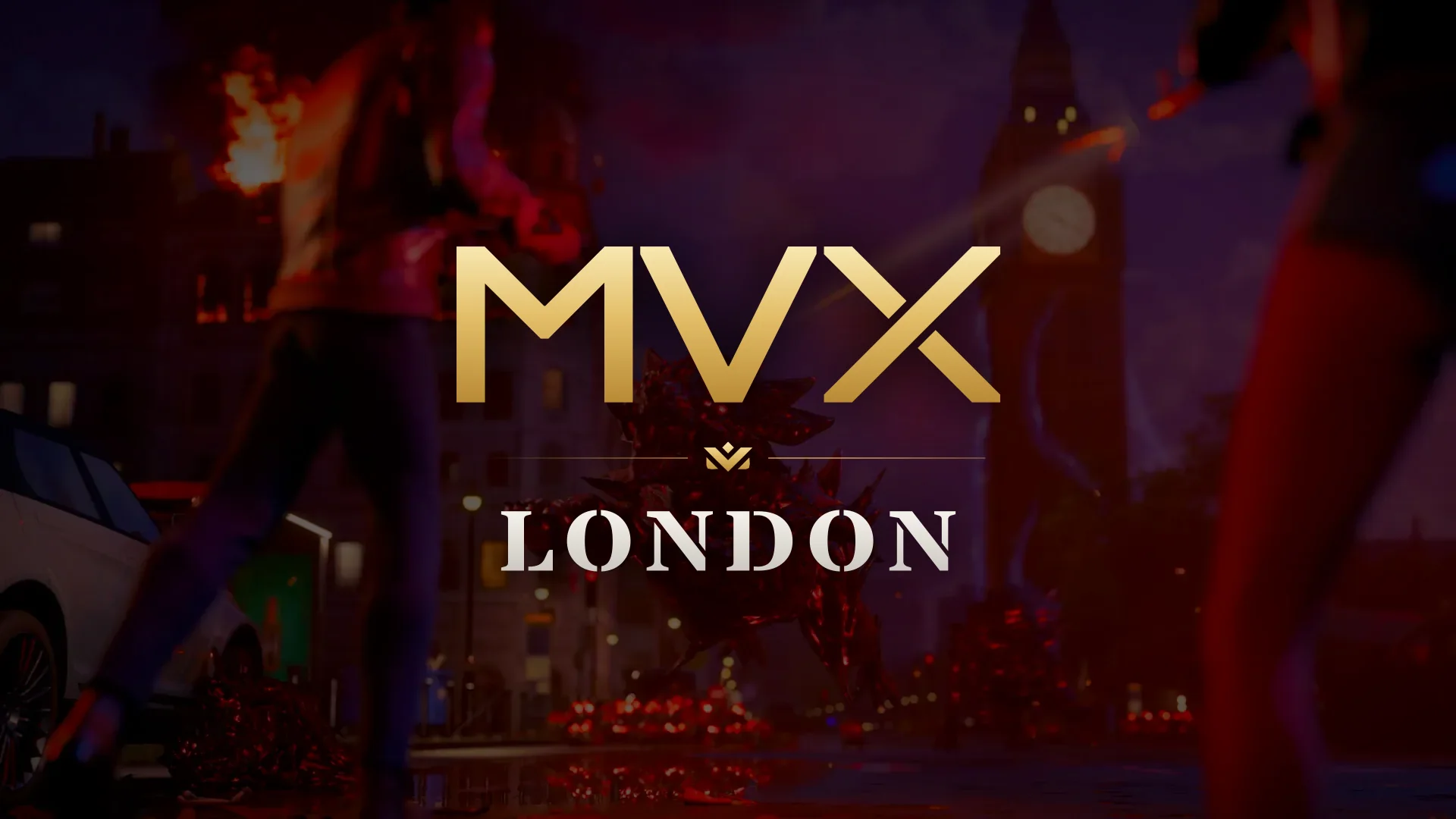 The MVX: London logo over a London street at night