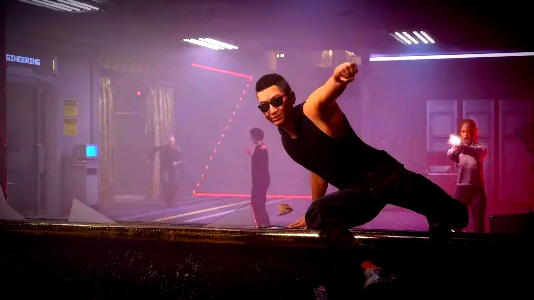 A Deceit 2 player vaulting over a barrier in a neon-lit lab