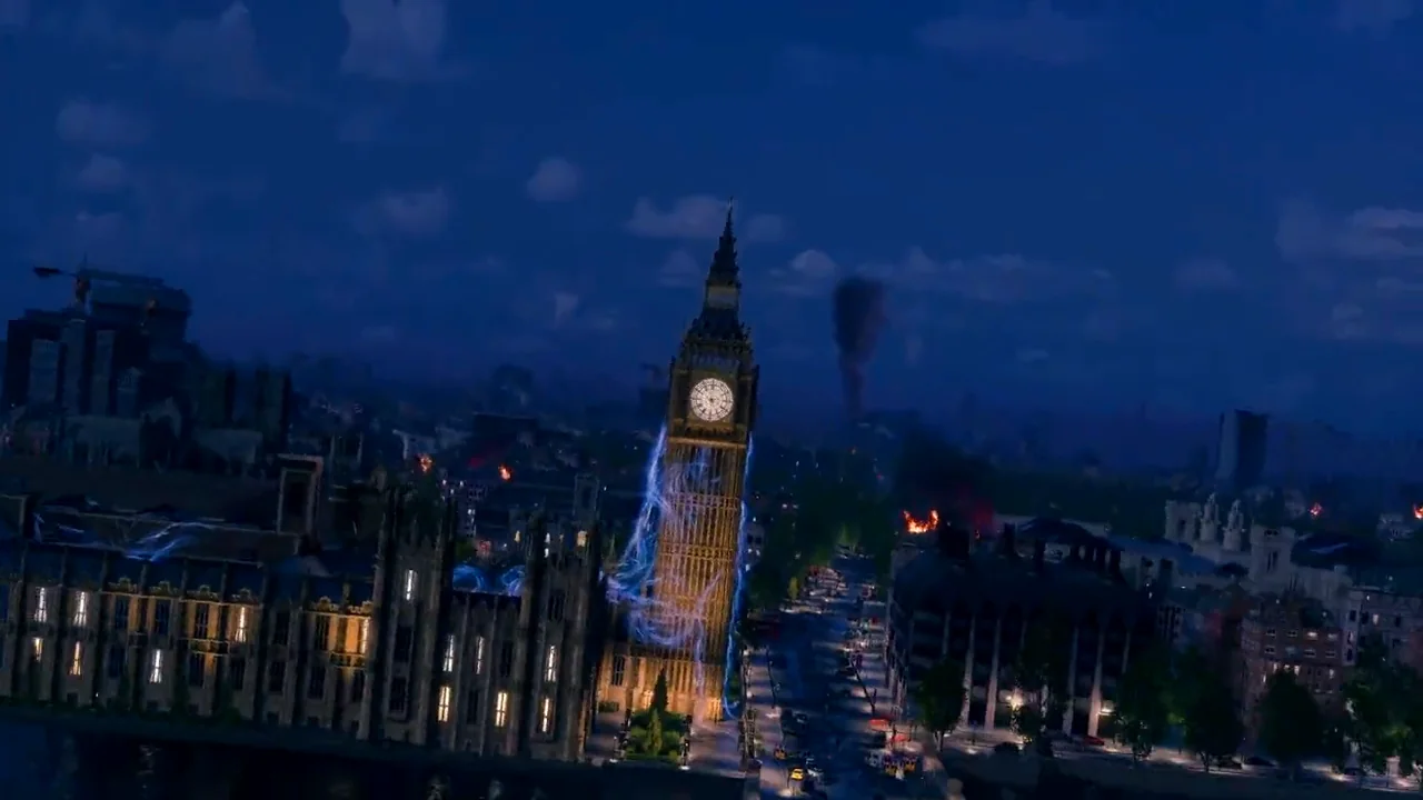 An aerial view of the London skyline at night in MVX: London, with Big Ben lit by the Flux