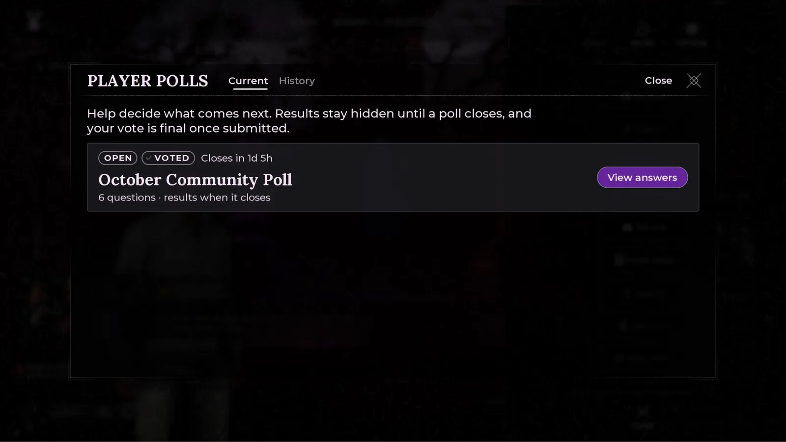 The Player Polls window, showing an open poll you have voted in