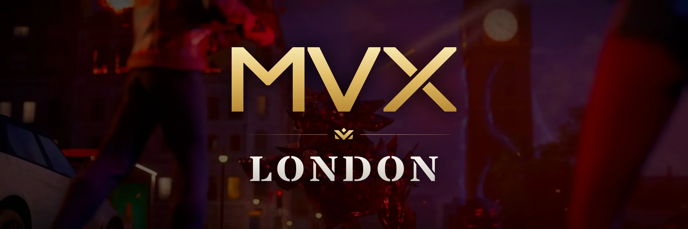 The MVX: London logo over a London street at night
