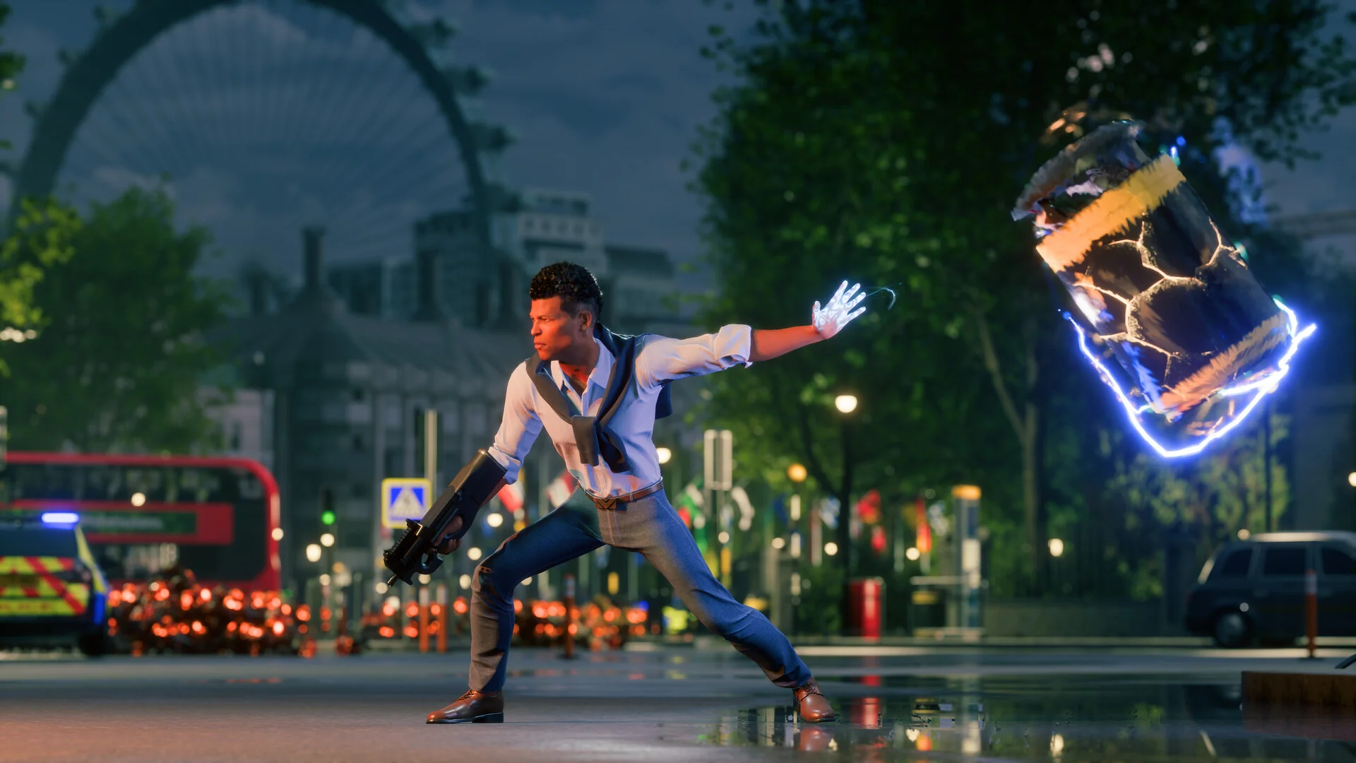 An MVX recruit hurls a crackling, Flux-charged barrel down a London street